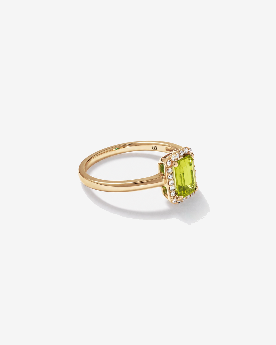 Emerald Cut Peridot and Diamond Halo Ring 10kt Yellow Gold