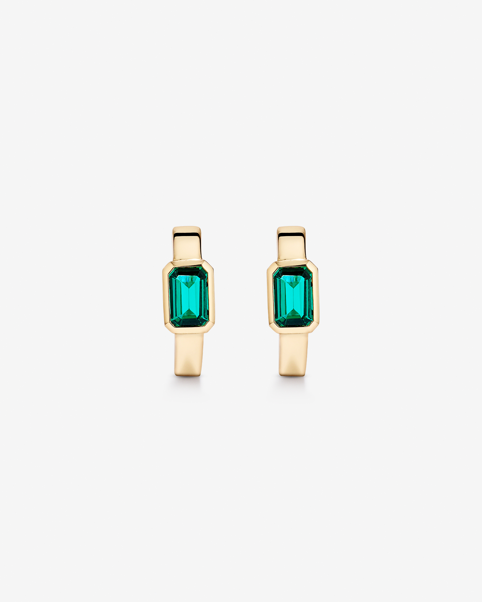 Created Emerald Bezel Huggie Earrings in 10kt Yellow Gold
