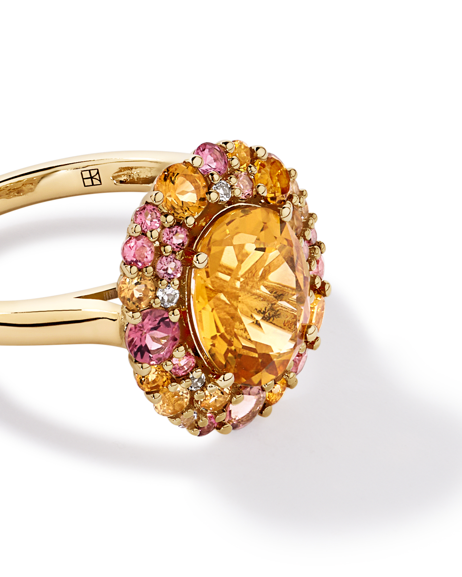 Oval Cut Citrine, Pink Tourmaline & White Topaz Halo Ring 10kt Yellow Gold