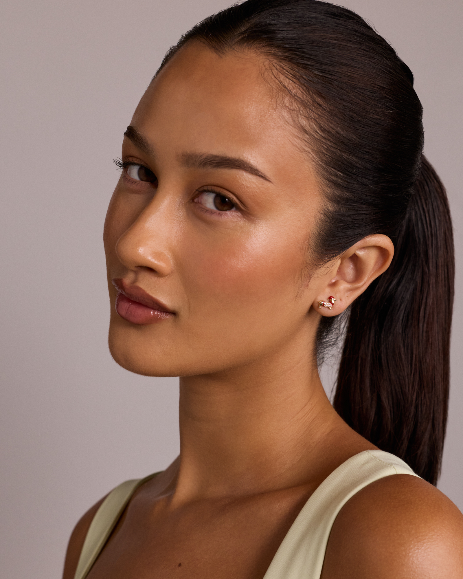 Dachshund Stud Earrings with Cubic Zirconia in 10kt Yellow Gold