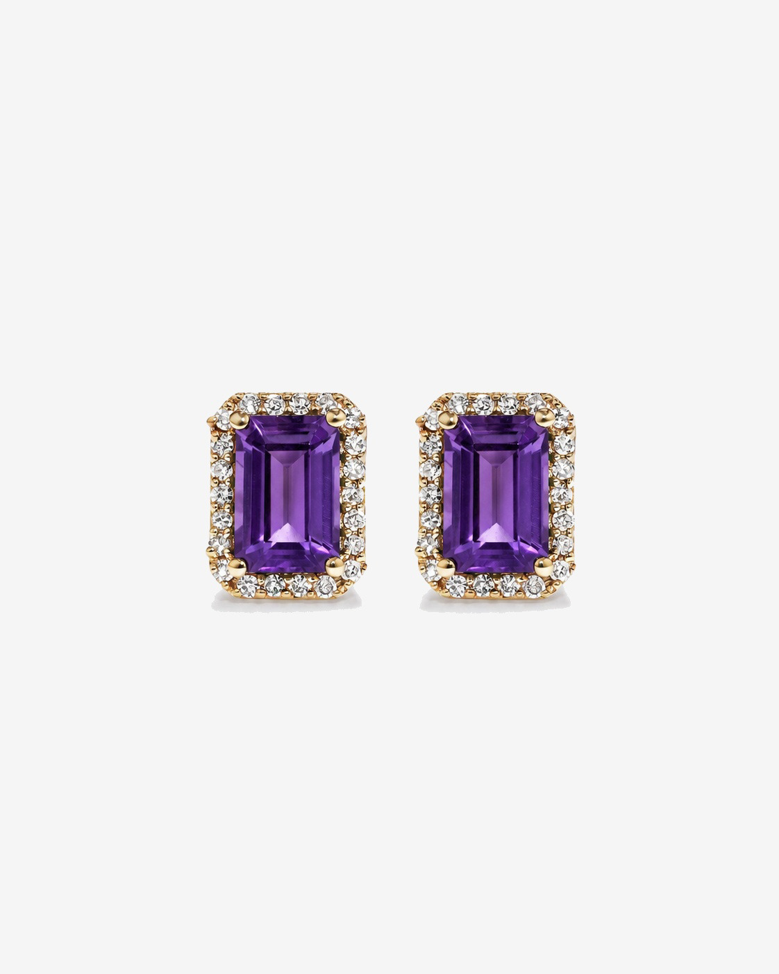Emerald Cut Amethyst and Diamond Halo Earrings in 10kt Yellow Gold