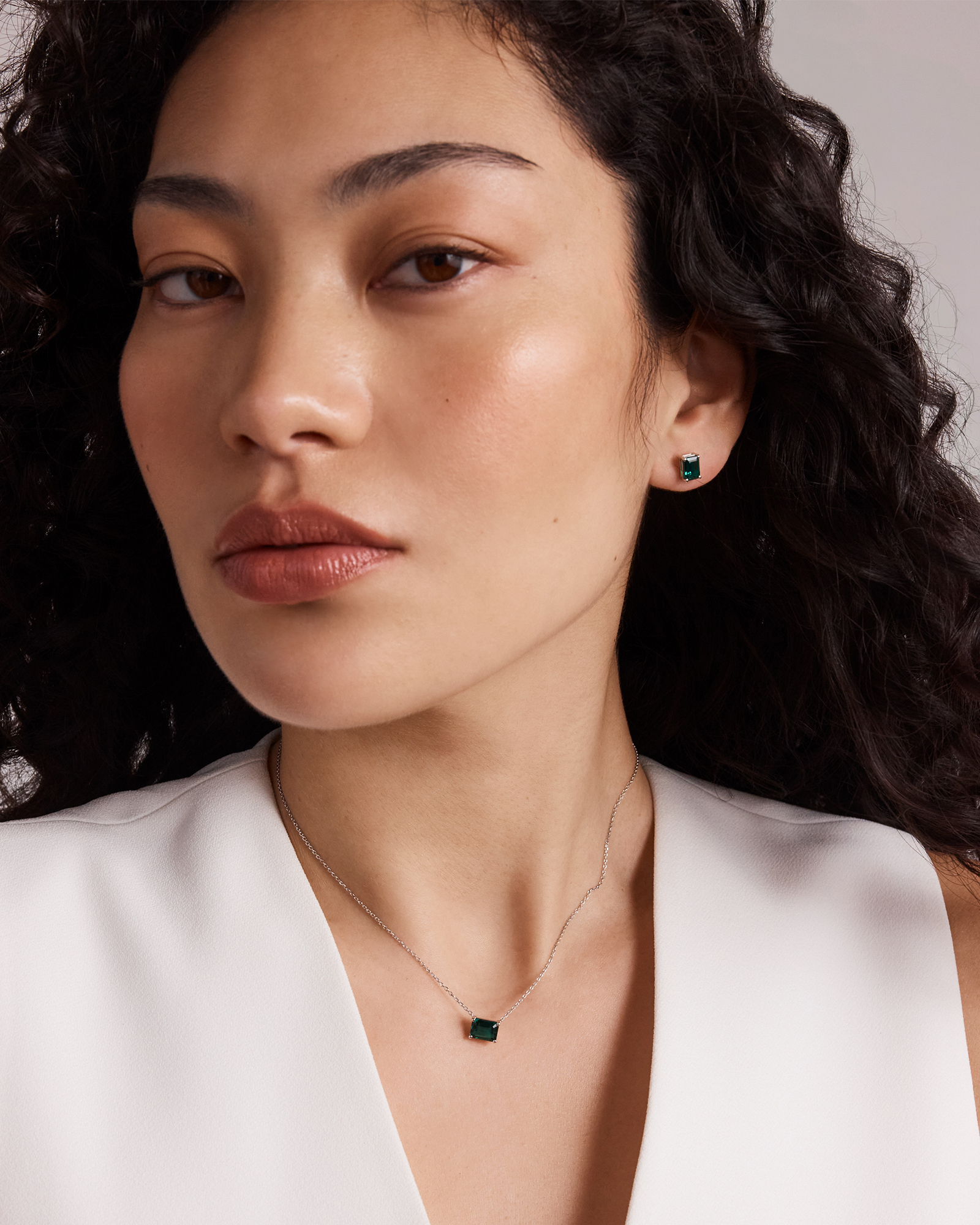 Emerald Cut Green Created Emerald Gemstone Stud Earrings and Pendant Necklace Set in Sterling Silver
