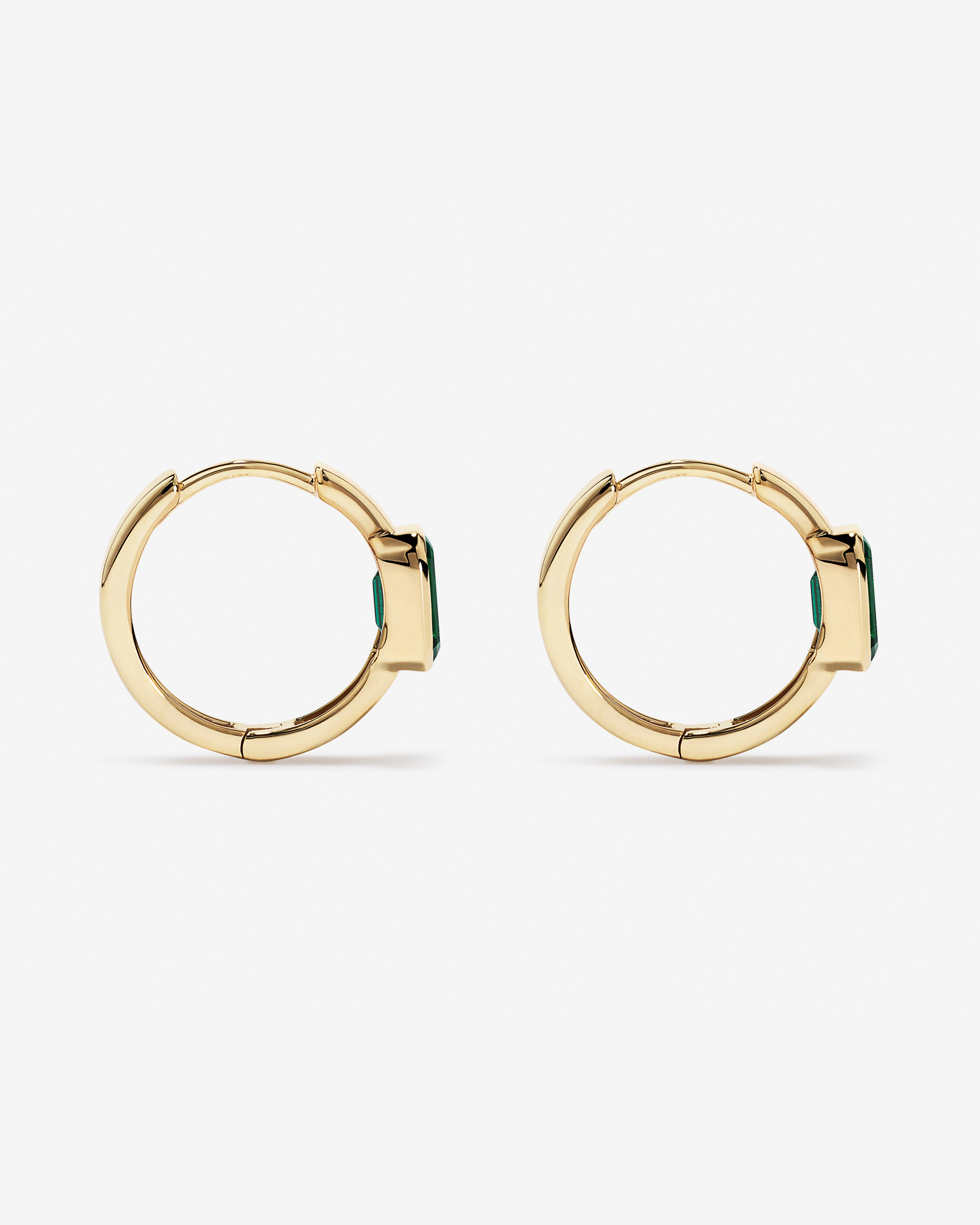 Created Emerald Bezel Huggie Earrings in 10kt Yellow Gold