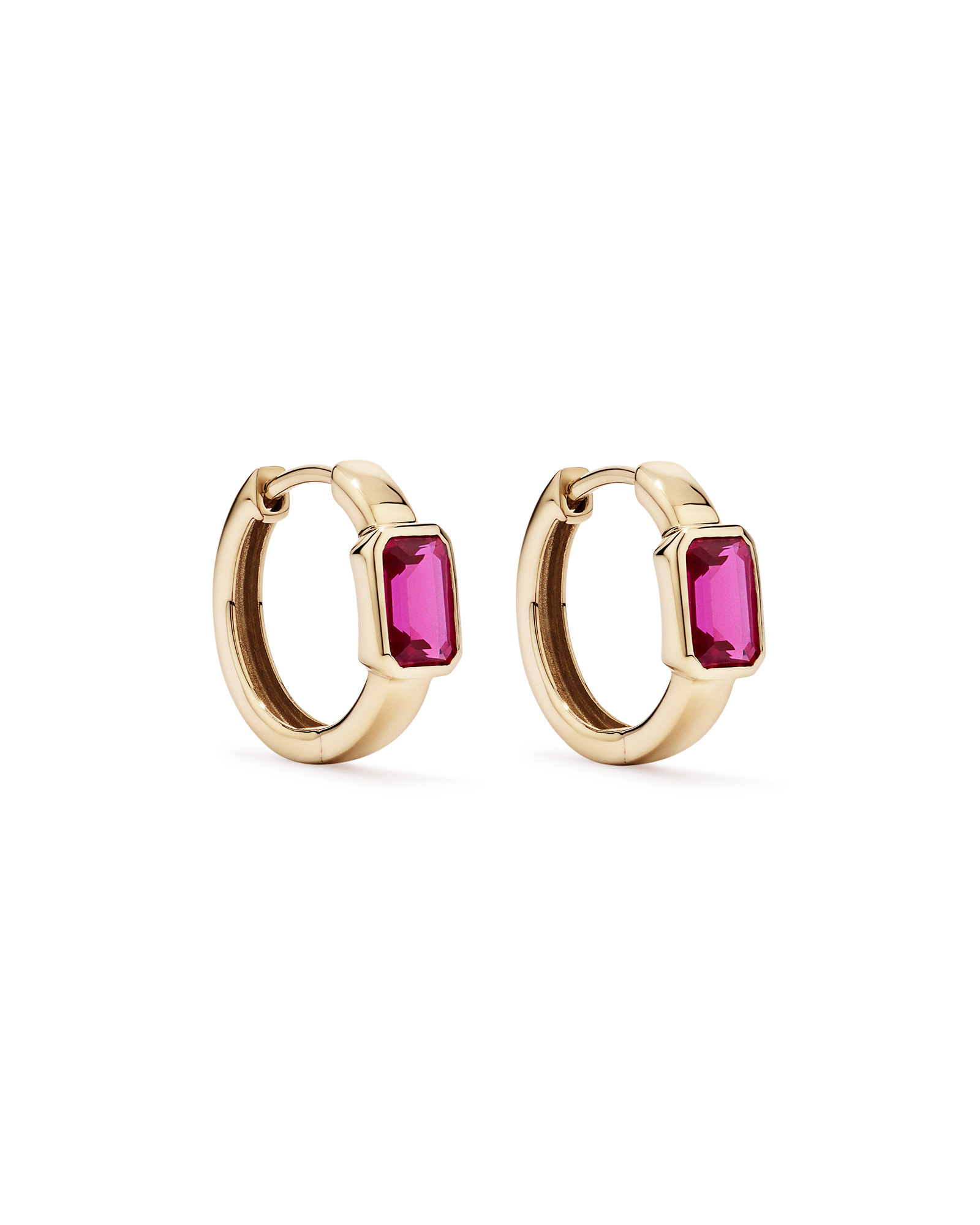 Created Ruby Bezel Huggie Earrings in 10kt Yellow Gold