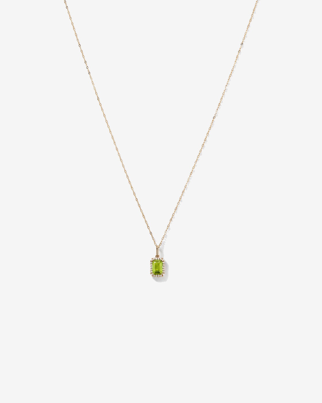 Emerald Cut Peridot and Diamond Halo Pendant with Chain in 10kt Yellow Gold