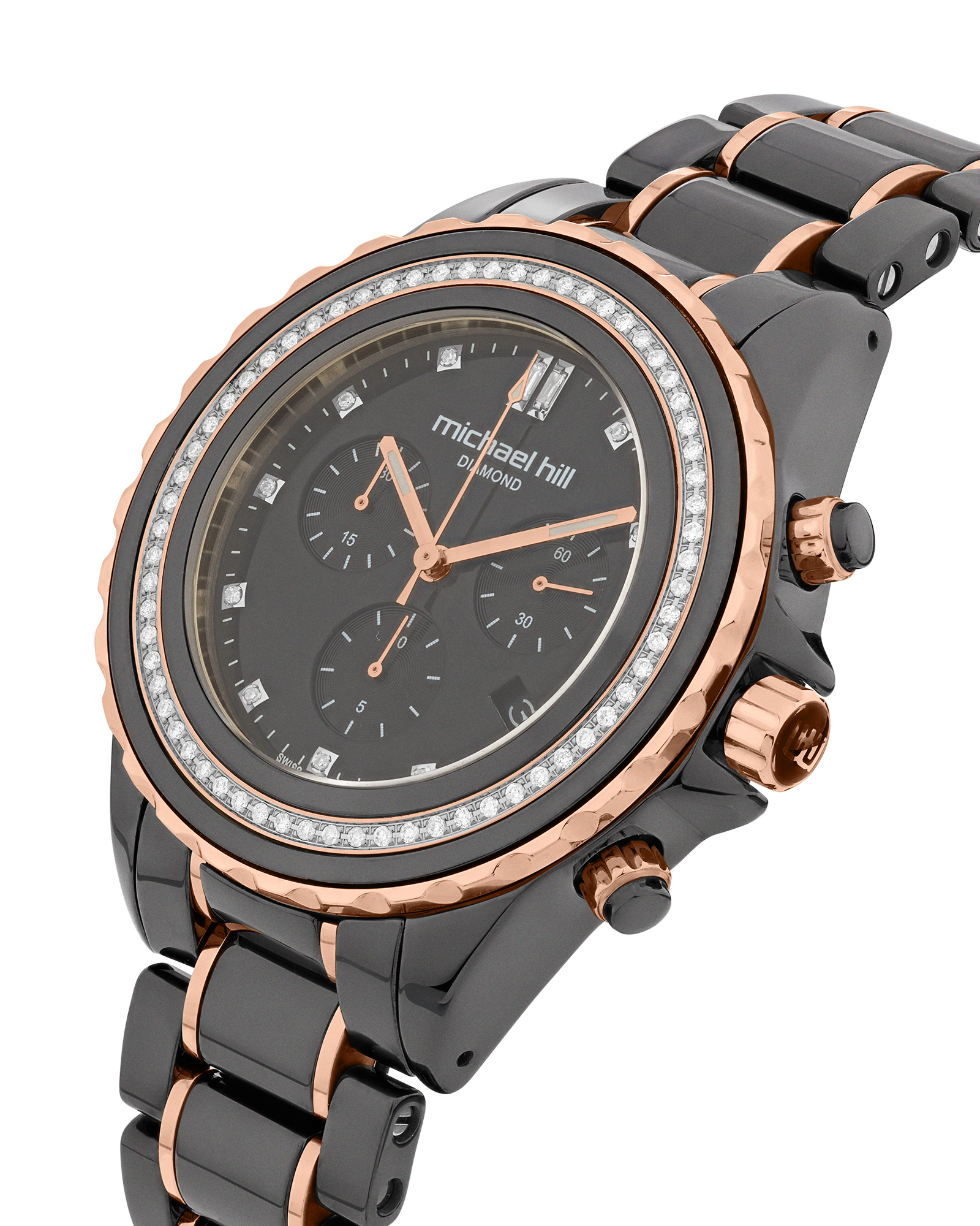 Montre chronographe en céramique noire et acier inoxydable rose avec diamants totalisant 0,50 ct.