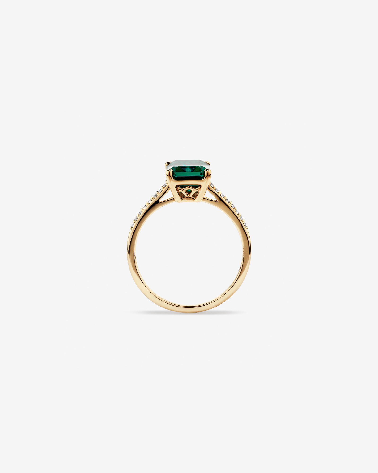 Emerald Cut Green Created Emerald Gemstone and Diamond Ring in 10kt Yellow Gold