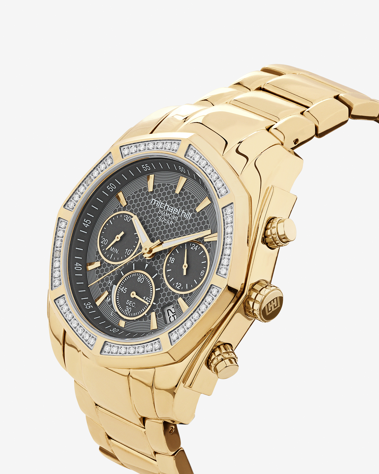 Montre chronographe solaire en acier inoxydable doré avec diamants totalisant 0,50 ct pour homme