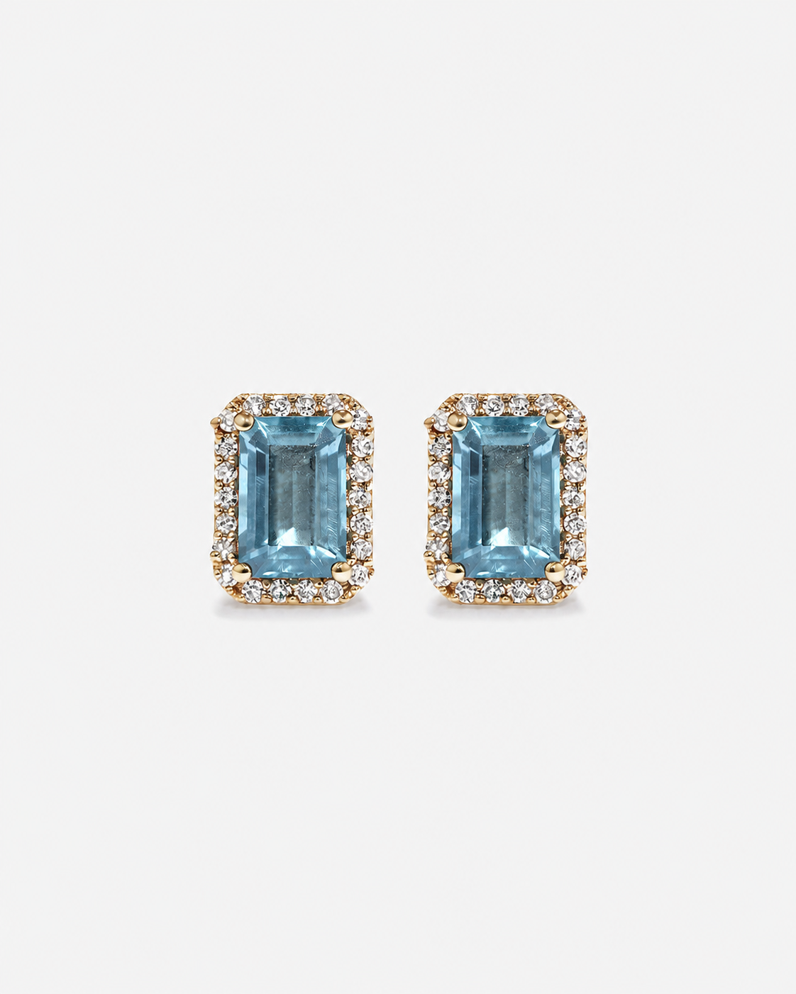 Emerald Cut Blue Topaz and Diamond Halo Earrings in 10kt Yellow Gold