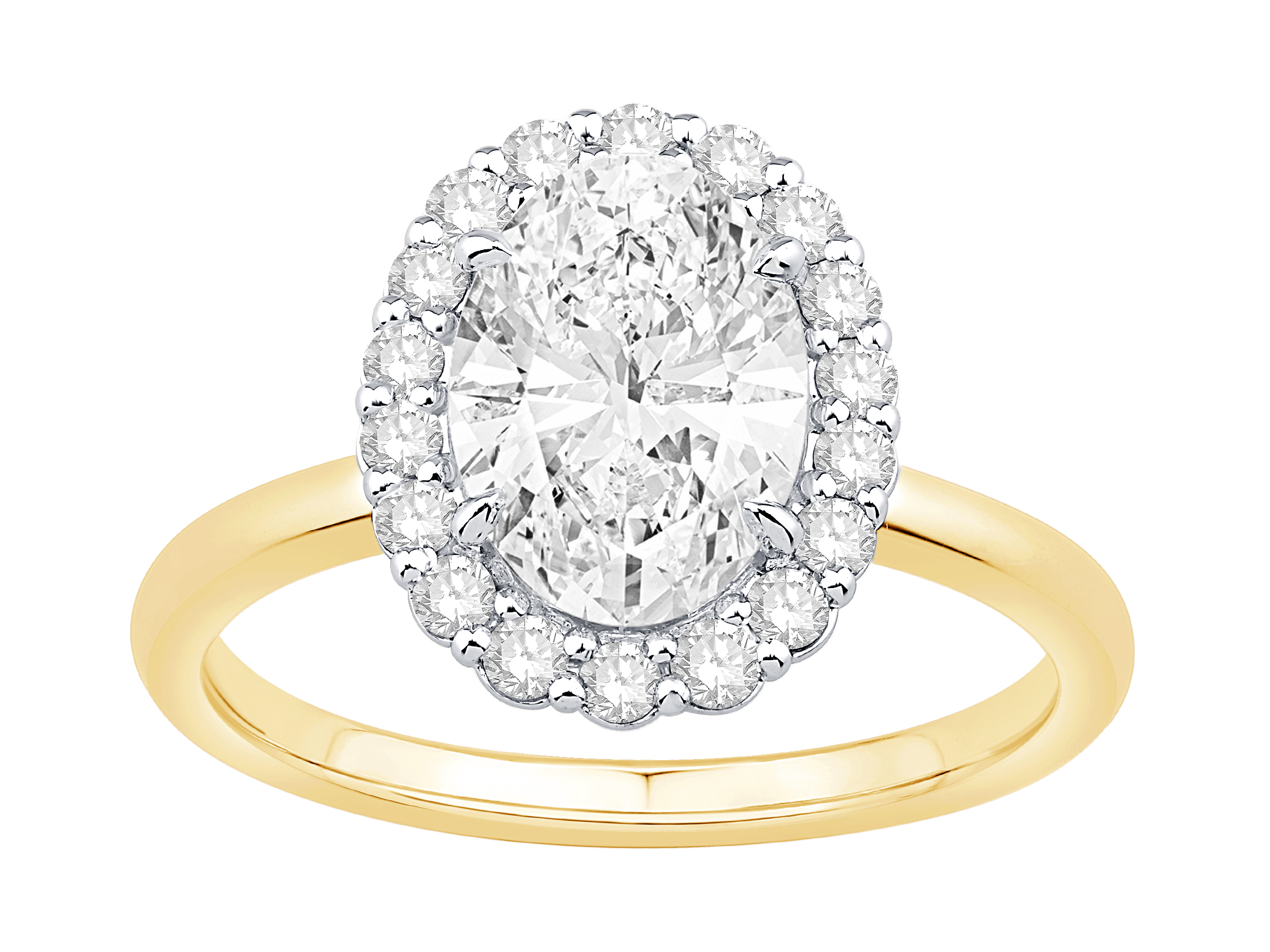 Bague De Fiançailles Halo En Diamant Laboratoire Taille Ovale 2,34 Carats Poids Total Or Jaune Et Blanc 14