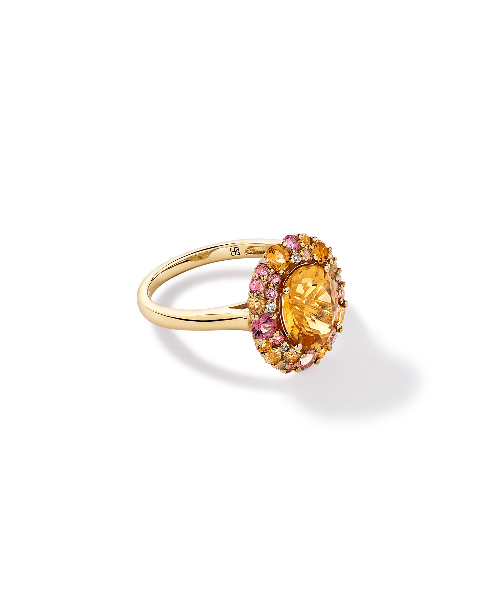 Oval Cut Citrine, Pink Tourmaline & White Topaz Halo Ring 10kt Yellow Gold