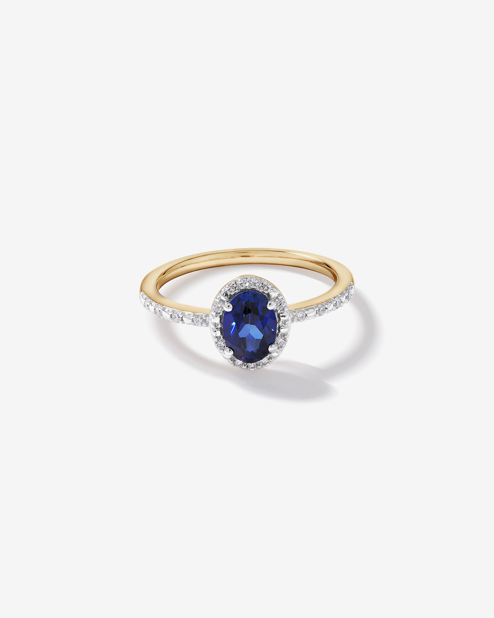 Bague Halo En Or Jaune 10 Carats Et Rhodium Avec Saphir Synthétique Bleu Taille Ovale Et Diamant De Laboratoire