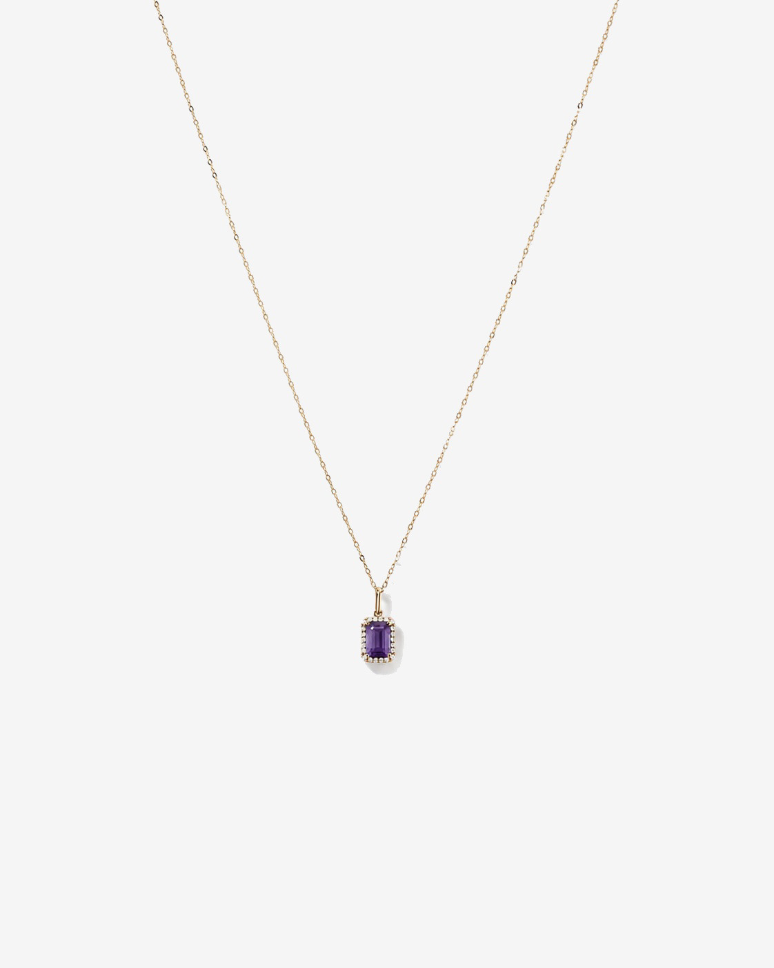 Emerald Cut Amethyst and Diamond Halo Pendant with Chain in 10kt Yellow Gold