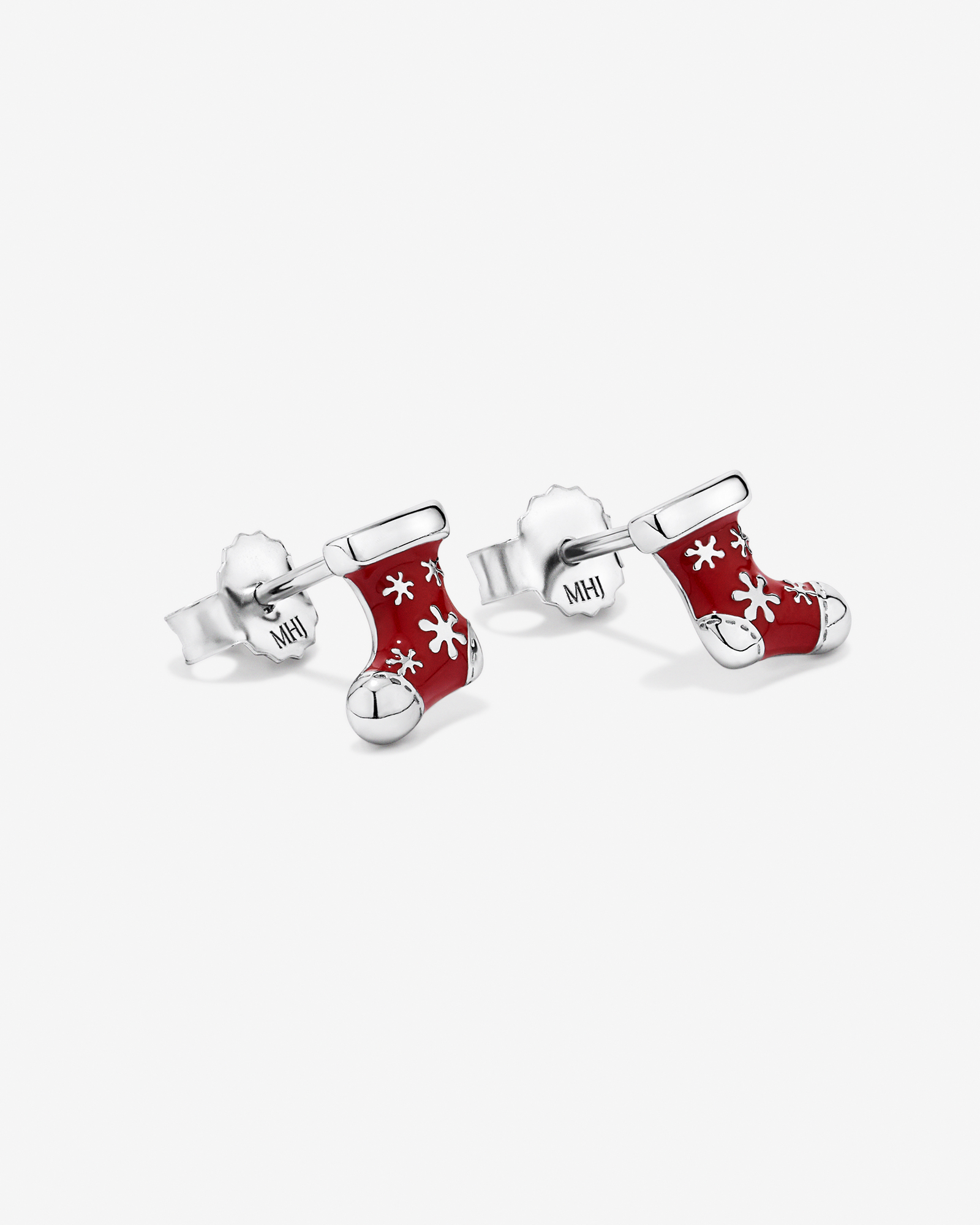 Christmas Stocking Stud Earrings with Red Enamel in Sterling Silver