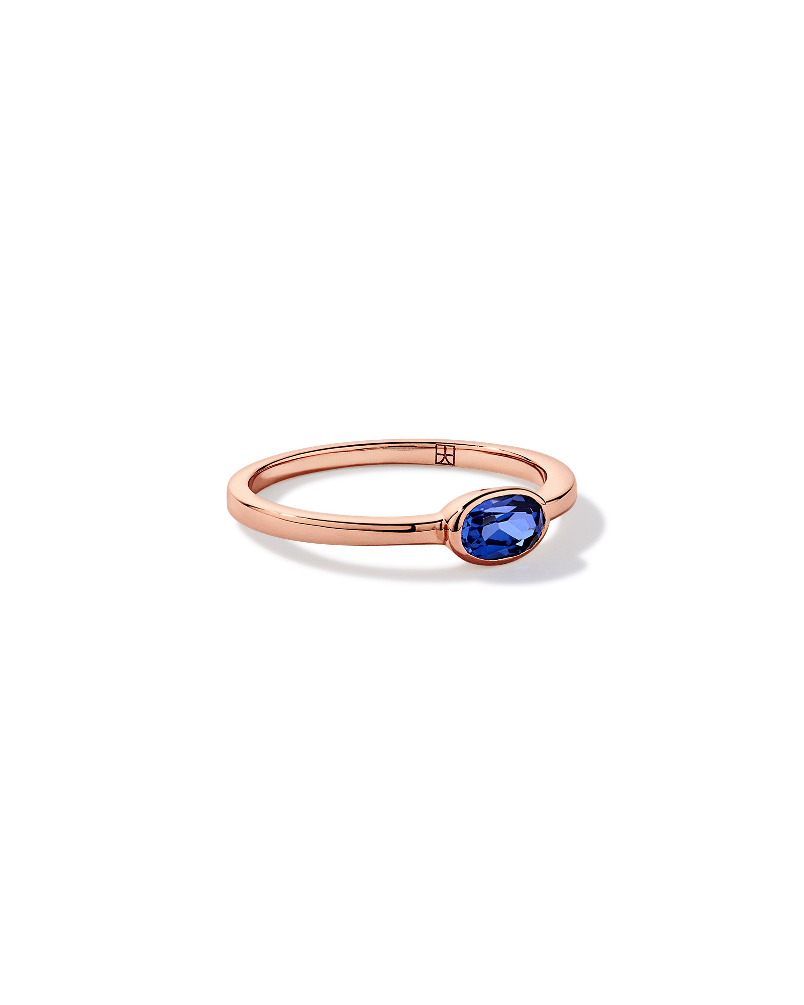 Oval Blue Created Sapphire East-to-West Set Bezel Ring 10kt Rose Gold