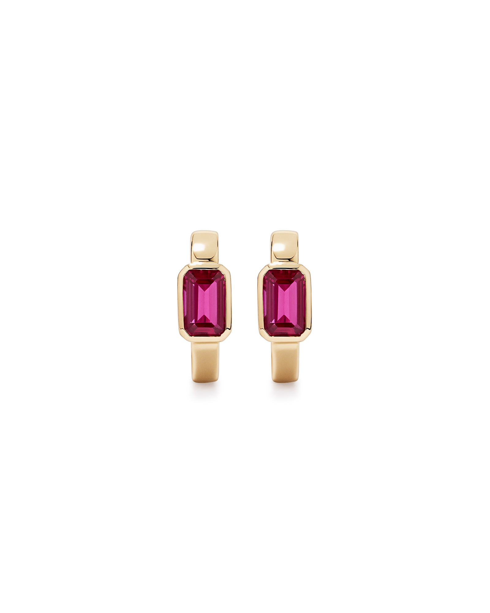 Created Ruby Bezel Huggie Earrings in 10kt Yellow Gold