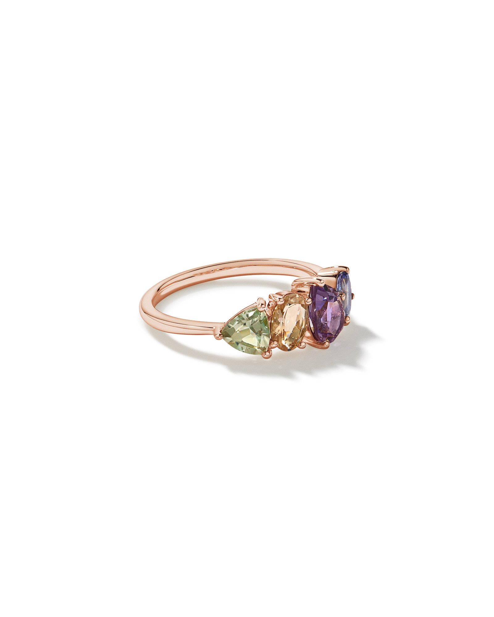 Bague multi-gemmes en améthyste verte, morganite, rose et tanzanite or 10 carats