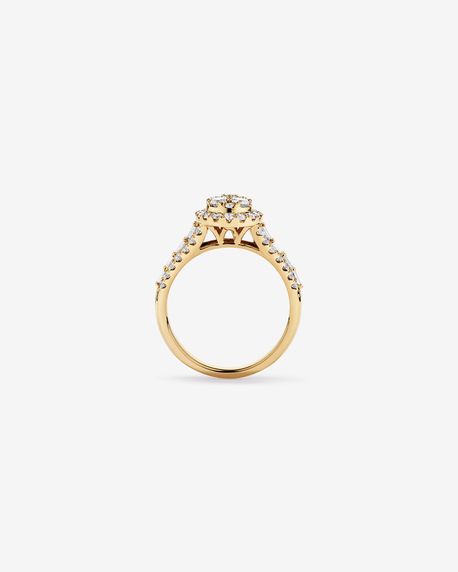 Bague en or jaune 14 carats sertie de diamants ronds brillants et baguettes (1,25 carat au total