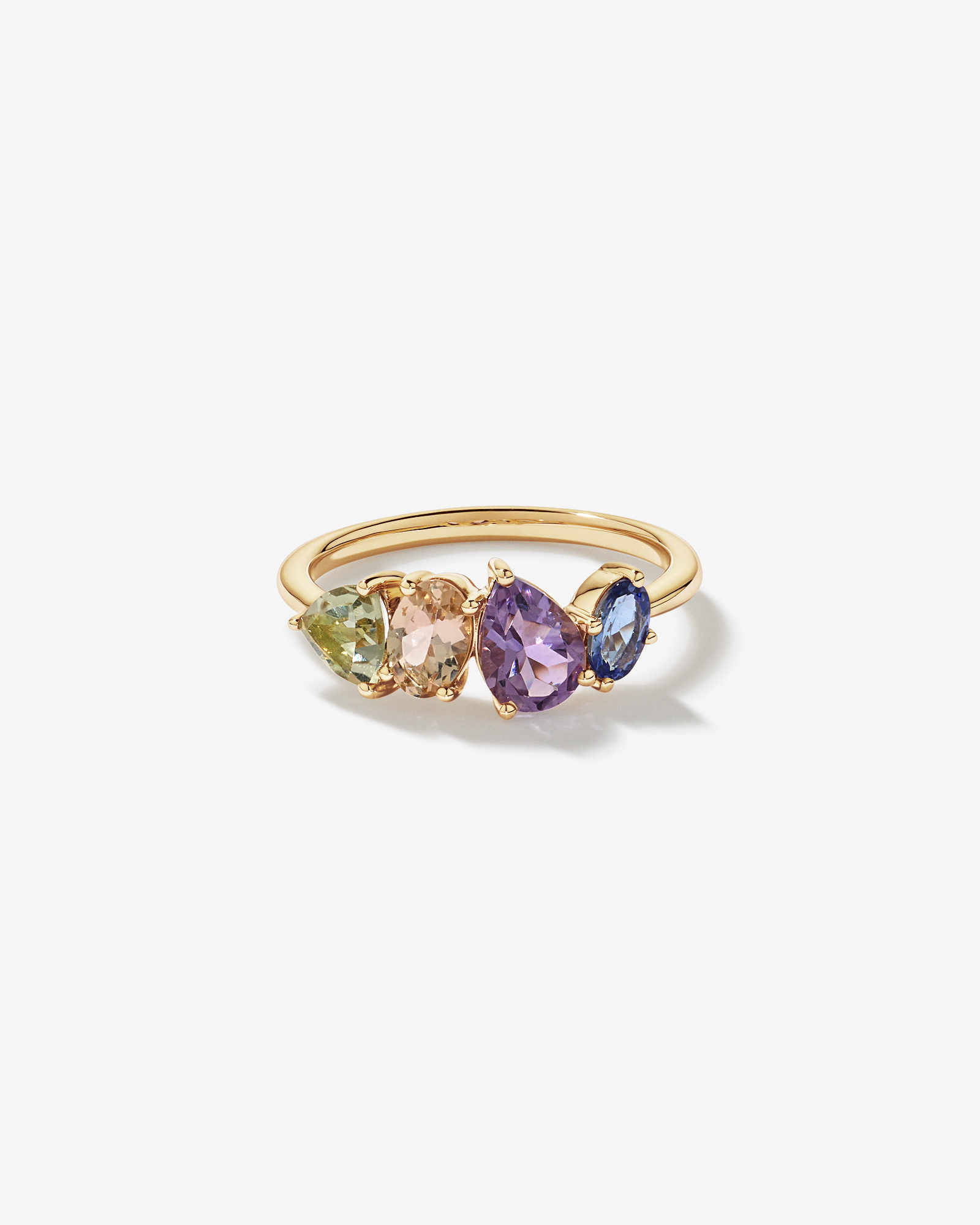 Bague multi-gemmes en améthyste verte, morganite, améthyste rose et tanzanite en or jaune 10 carats