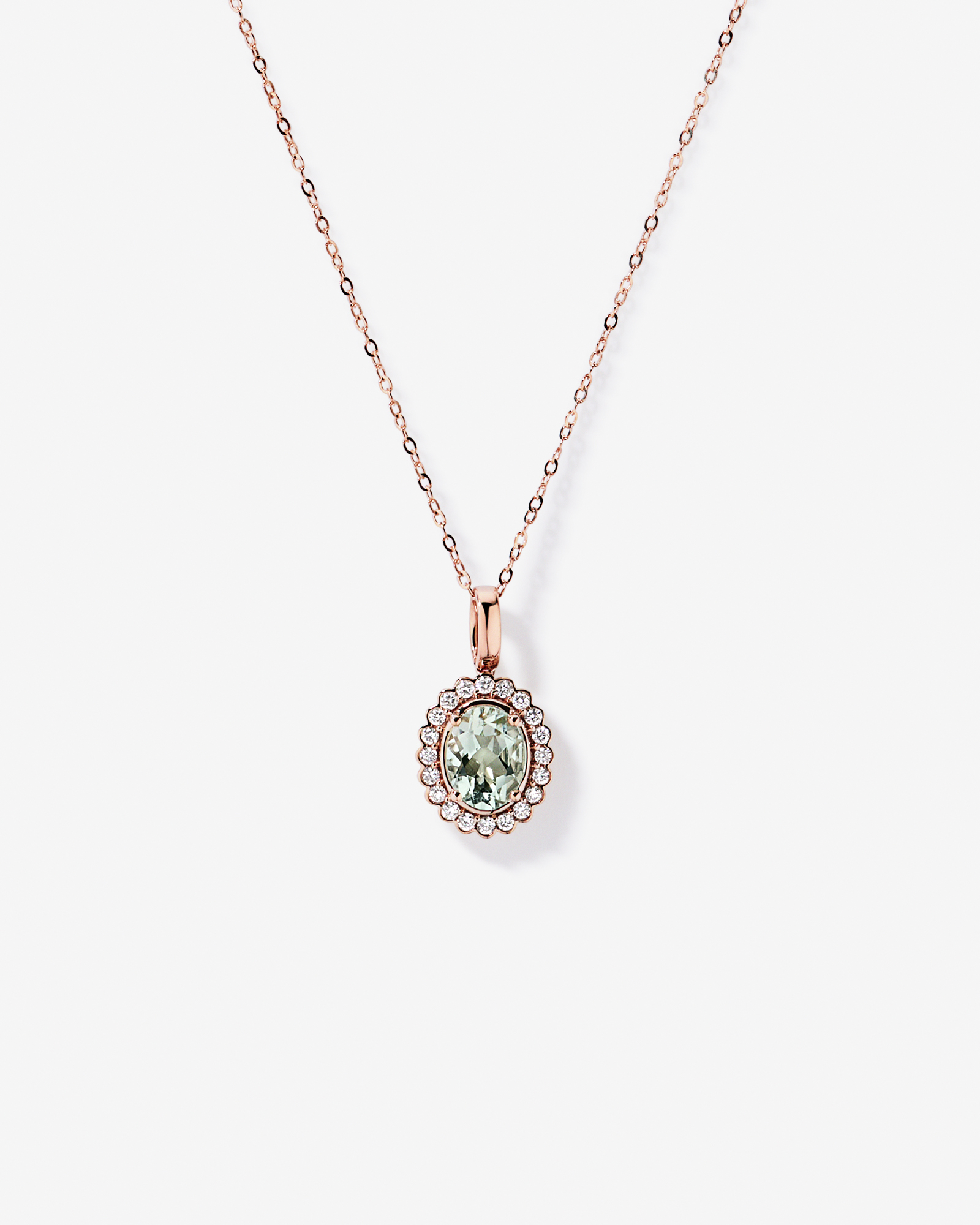 Green Amethyst & 0.20TW of Diamond Halo Pendant with Chain in 10kt Rose Gold