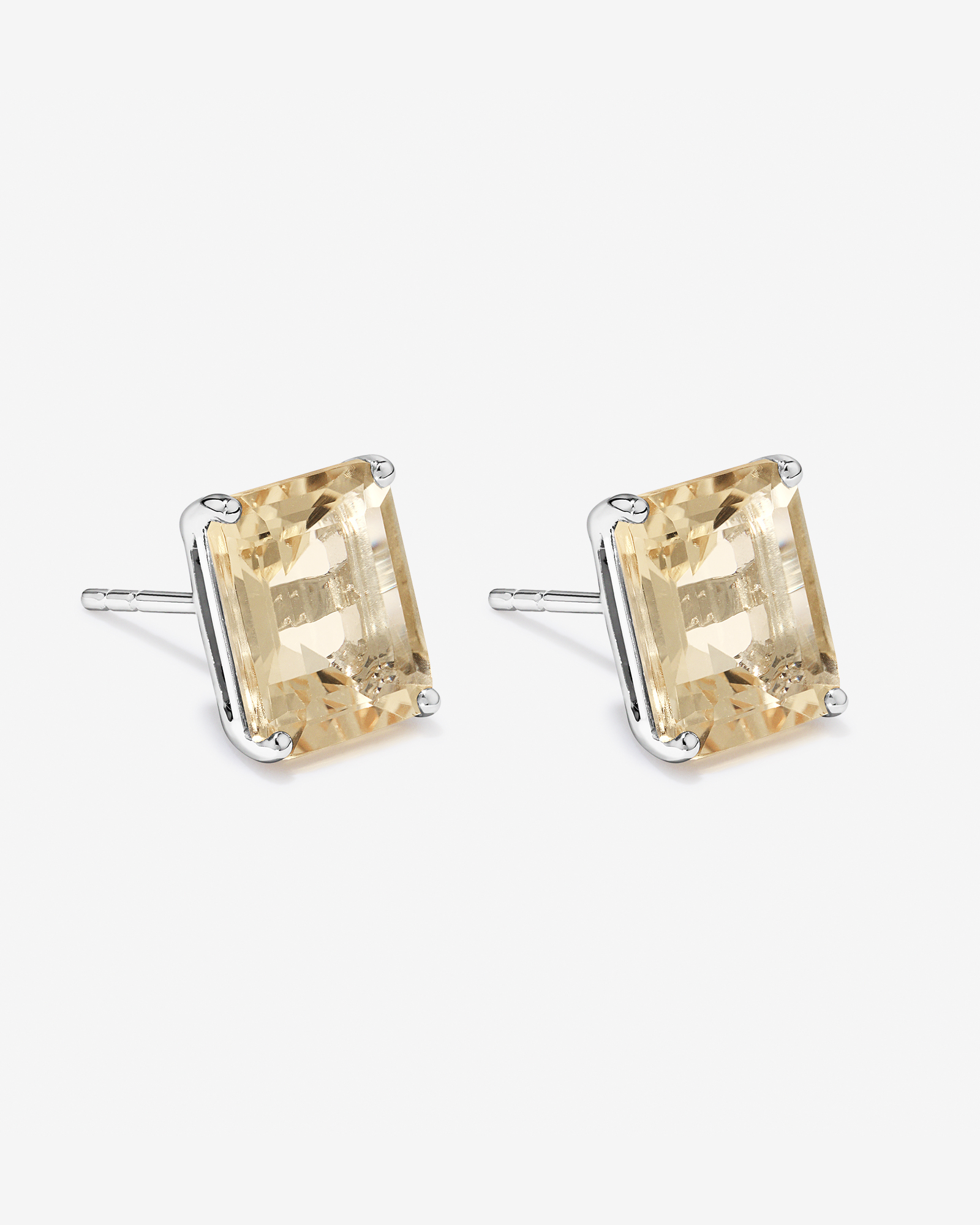 Emerald Cut Soft Champagne Citrine Solitaire Stud Earrings in Sterling Silver