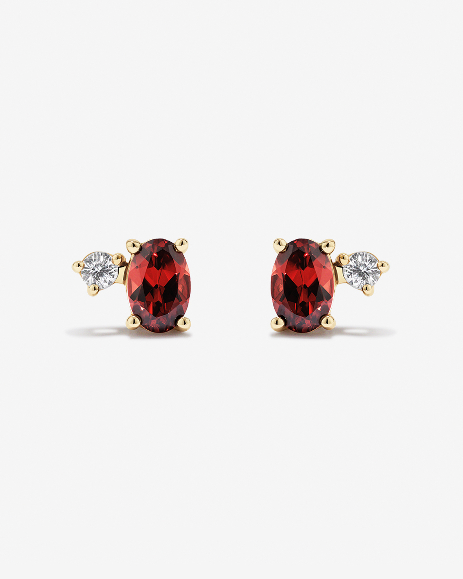 Round White Sapphire and Oval-Cut Garnet Toi Et Moi Stud Earrings in 10kt Yellow Gold