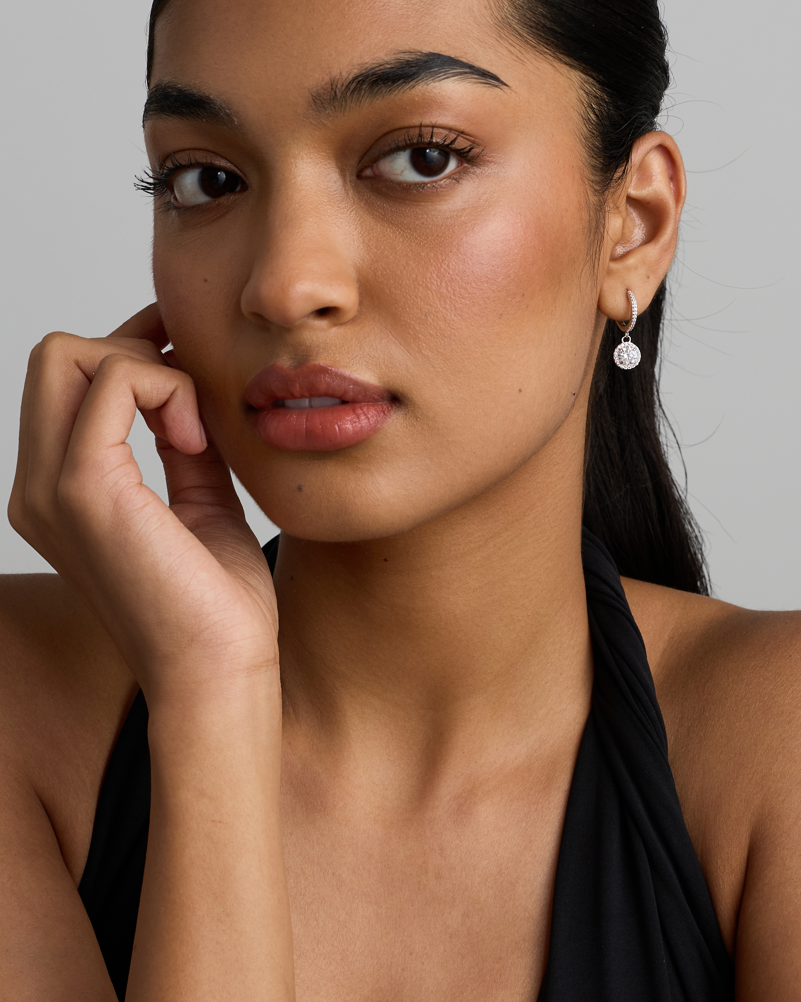 Round Brilliant Cubic Zirconia Halo Drop Hoop Earrings in Sterling Silver