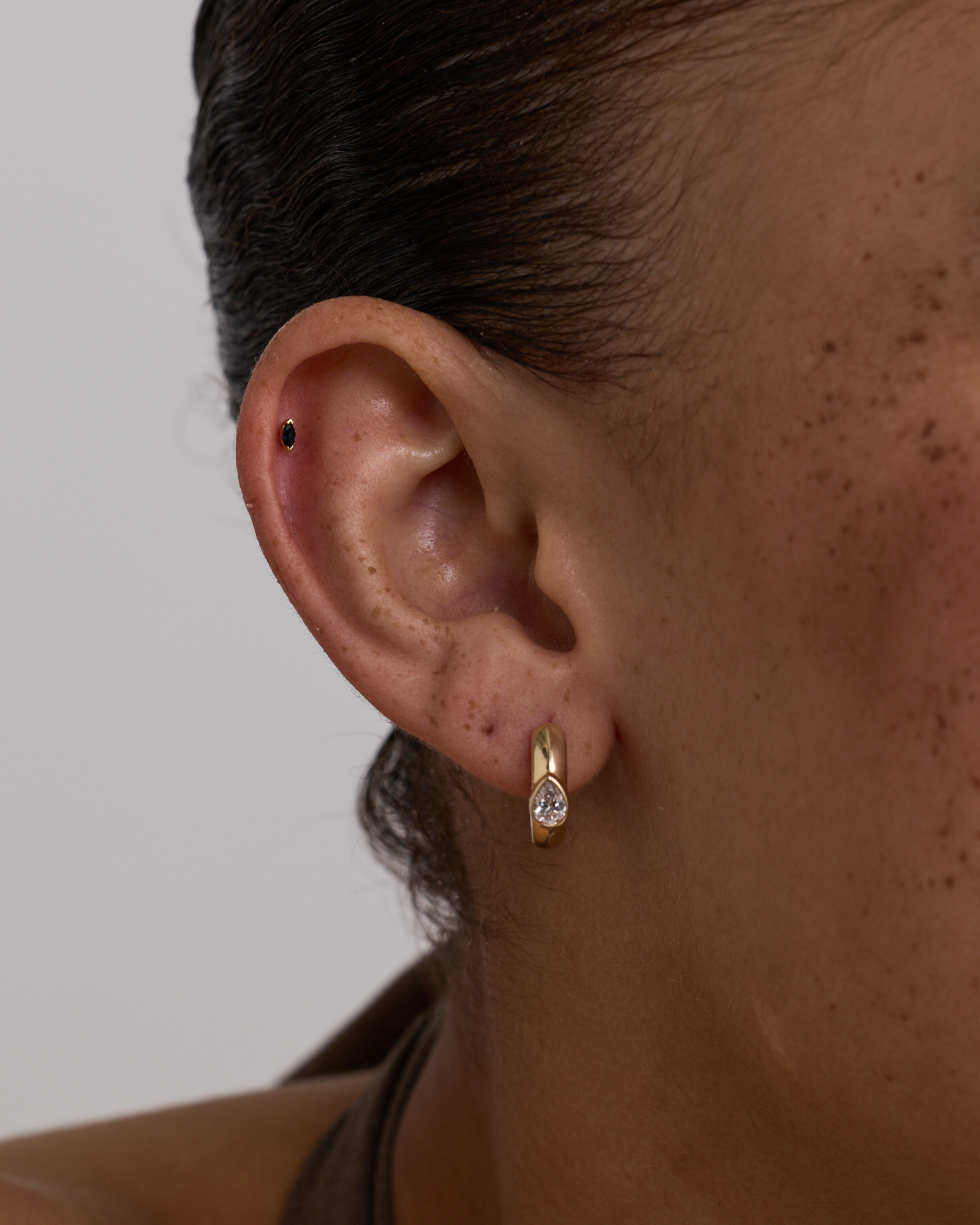 Marquise Shape Blue Sapphire Gemstone Flat Back Helix Single Stud Earring in 10kt Yellow Gold