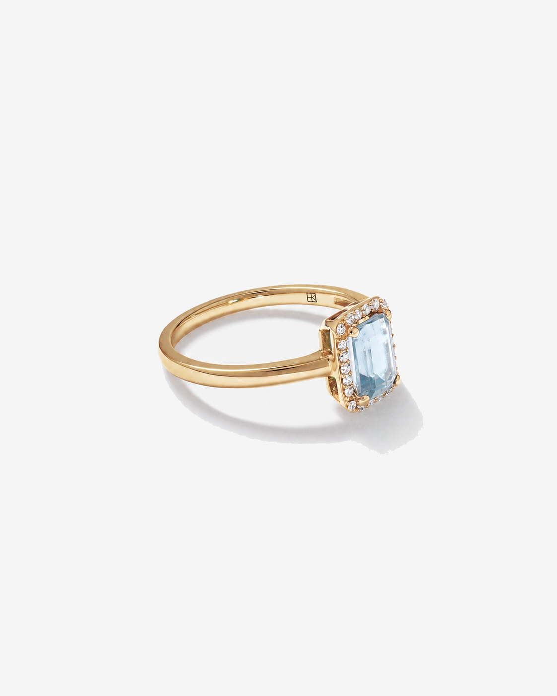 Emerald Cut Aquamarine and Diamond Halo Ring 10kt Yellow Gold