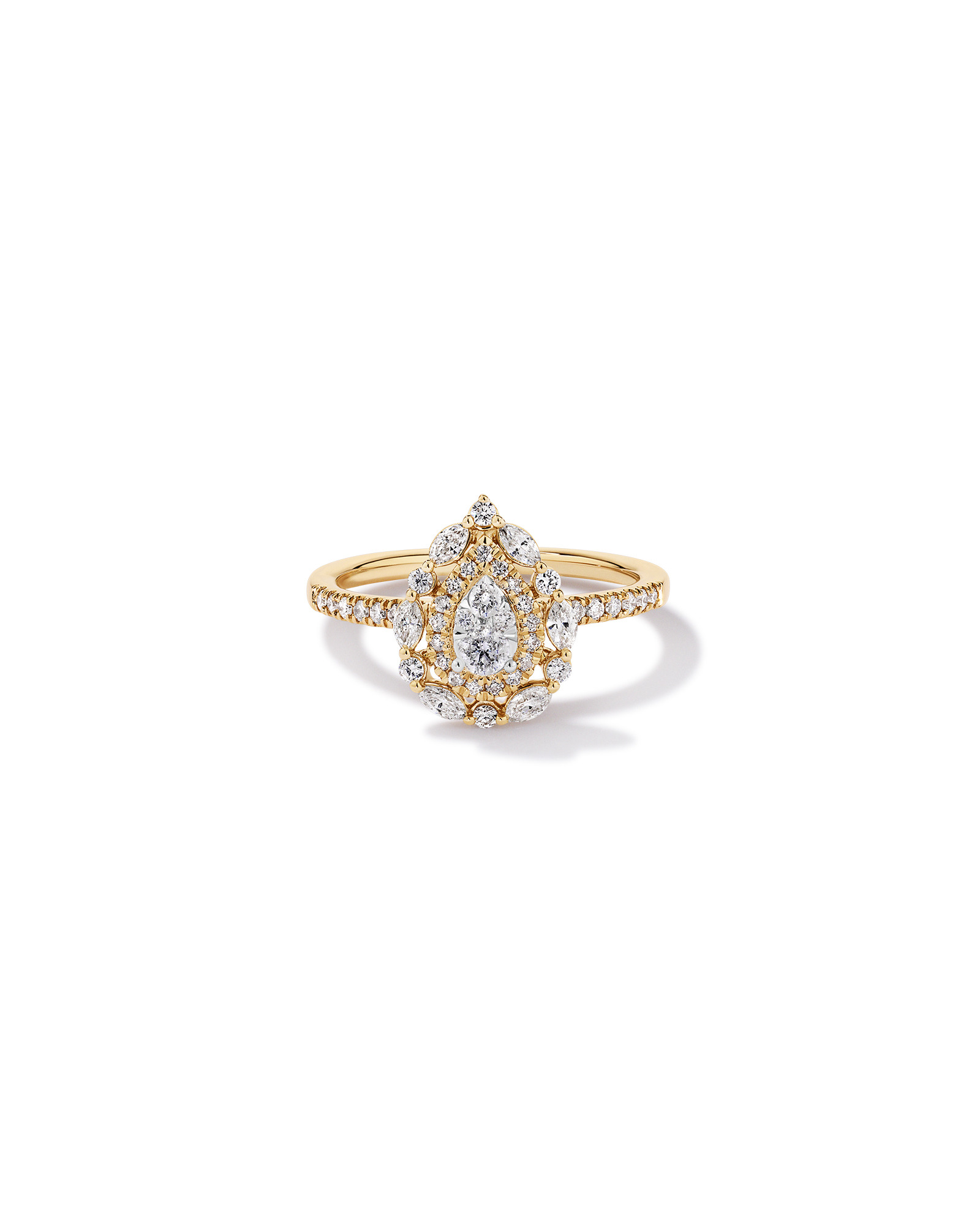 0.62 Carat TW Round Brilliant and Marquise Double Halo Cluster Diamond Ring 14kt Yellow Gold with Rhodium