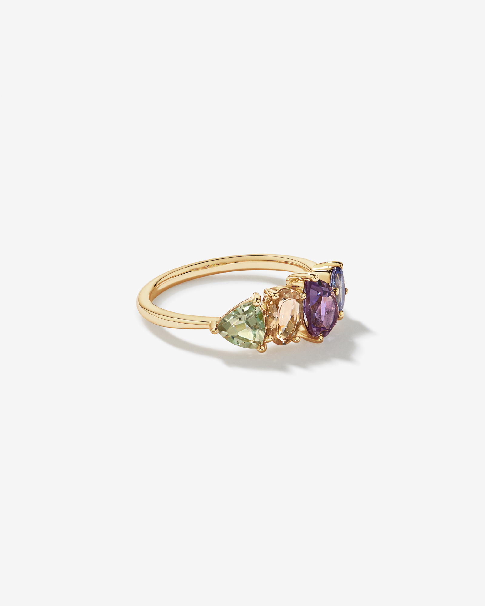 Bague multi-gemmes en améthyste verte, morganite, améthyste rose et tanzanite en or jaune 10 carats