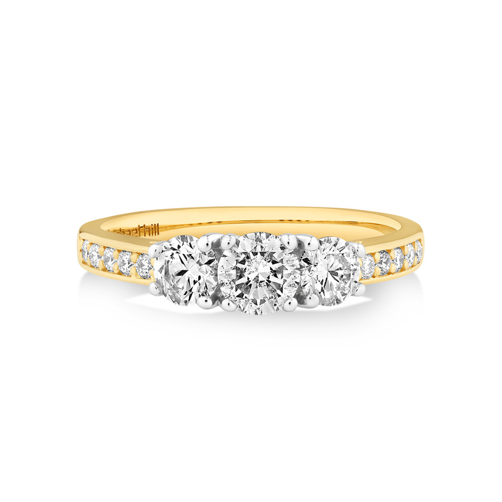 Bague de fiançailles à trois pierres en or jaune et blanc 14 K avec diamants totalisant 1 ct
