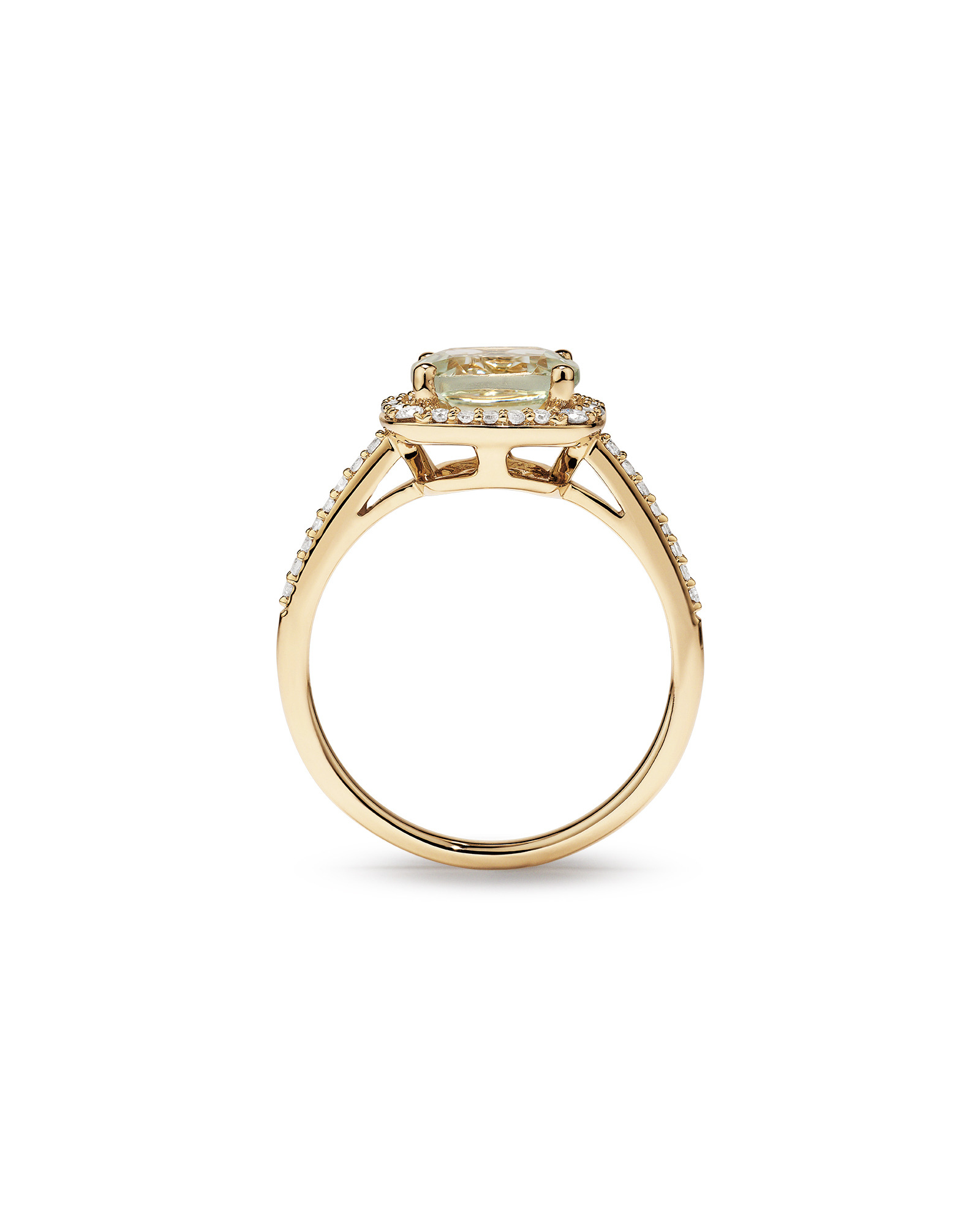 Bague Halo Avec Pierre Précieuse Améthyste Verte Taille Coussin Et 0,25 Carat Pt De Diamants En Or Jaune 10 Ct