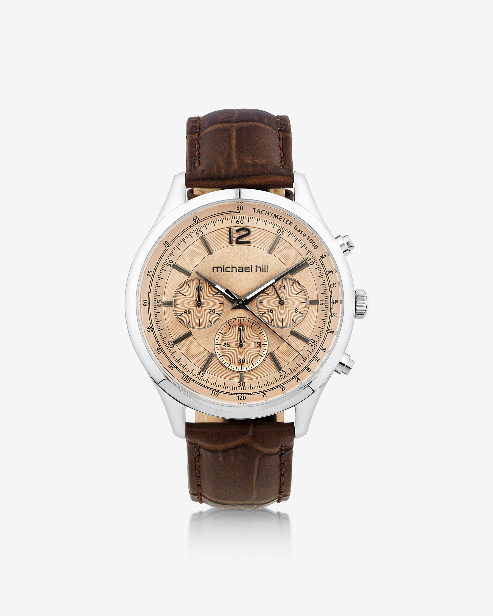 Montre chronographe en acier inoxydable et en cuir brun pour homme