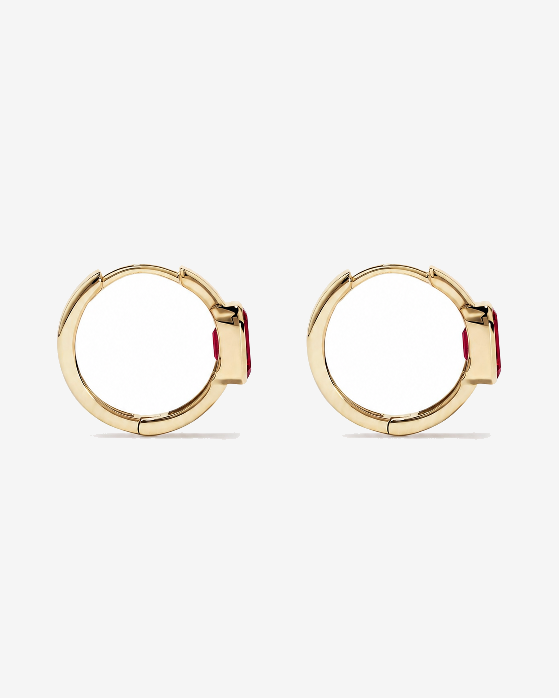 Created Ruby Bezel Huggie Earrings in 10kt Yellow Gold
