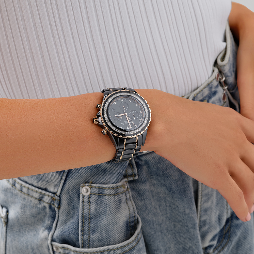 Chronograph Watch with 0.50 Carat TW of Diamonds Black Ceramic & Rose Tone Stainless Steel
