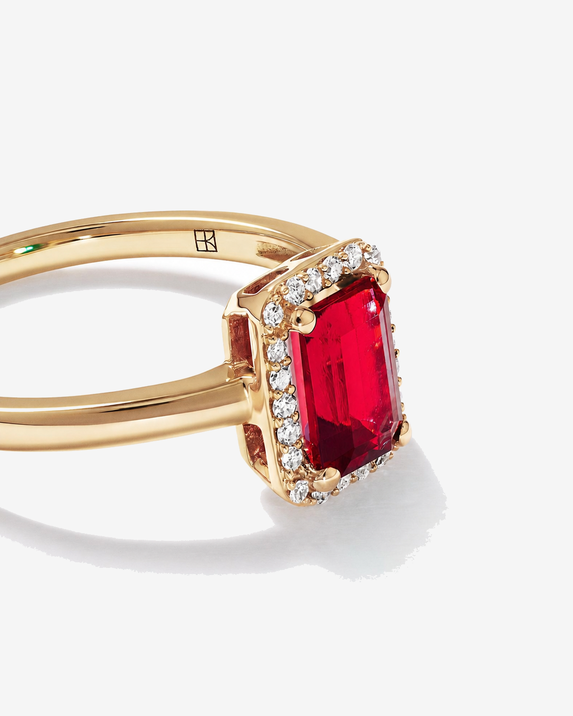 Emerald Cut Created Ruby and Diamond Halo Ring in 10kt Yellow Gold
