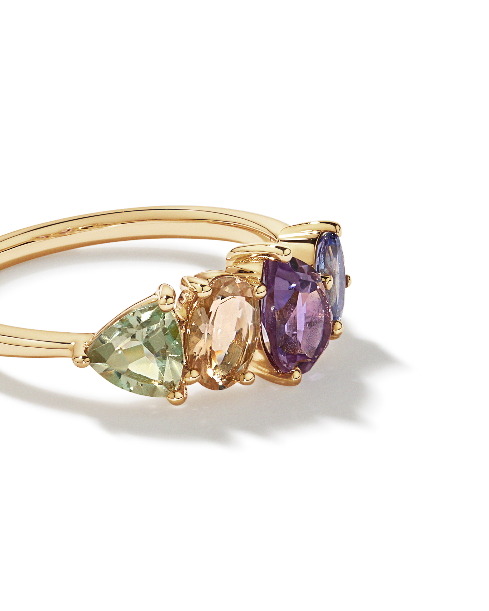 Bague multi-gemmes en améthyste verte, morganite, améthyste rose et tanzanite en or jaune 10 carats