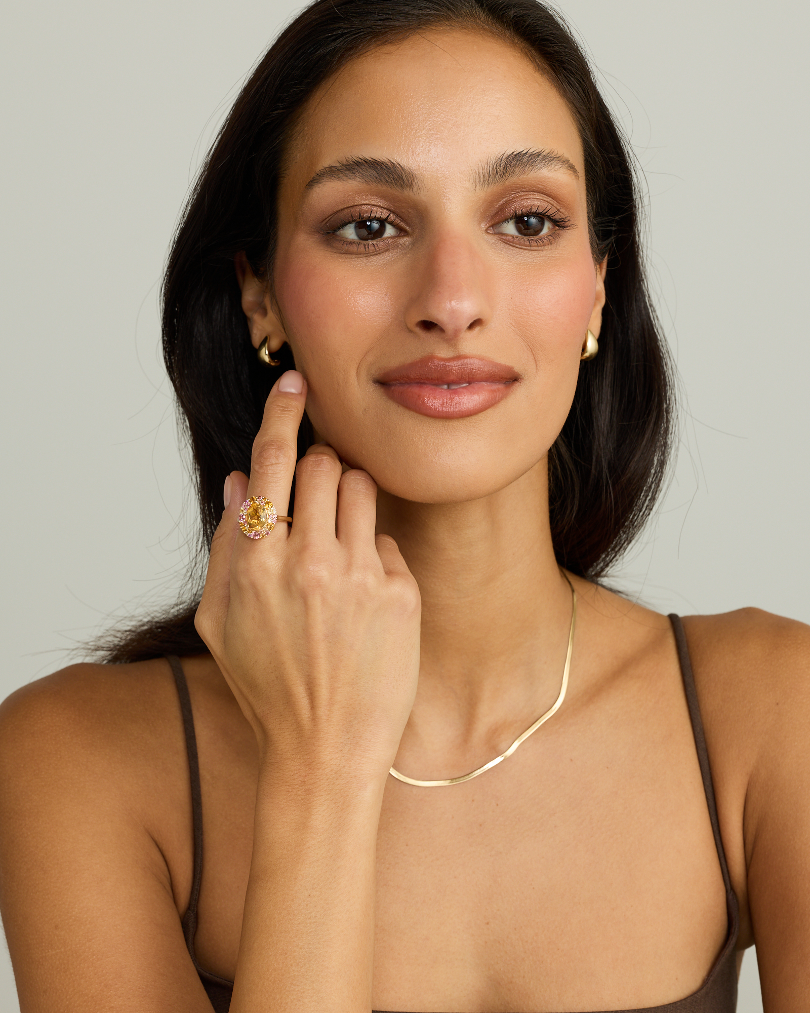 Oval Cut Citrine, Pink Tourmaline & White Topaz Halo Ring 10kt Yellow Gold