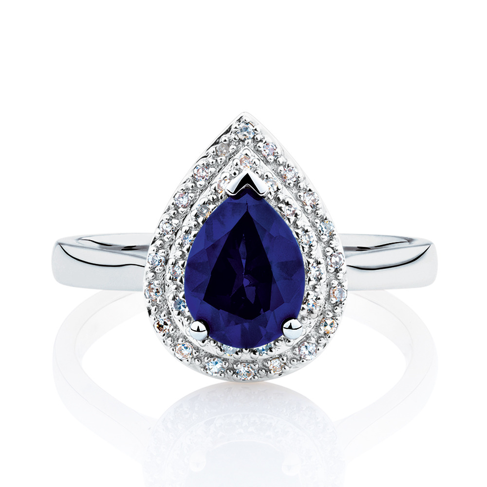 Ring with Created Dark Blue Sapphire & Diamonds in 10kt ...