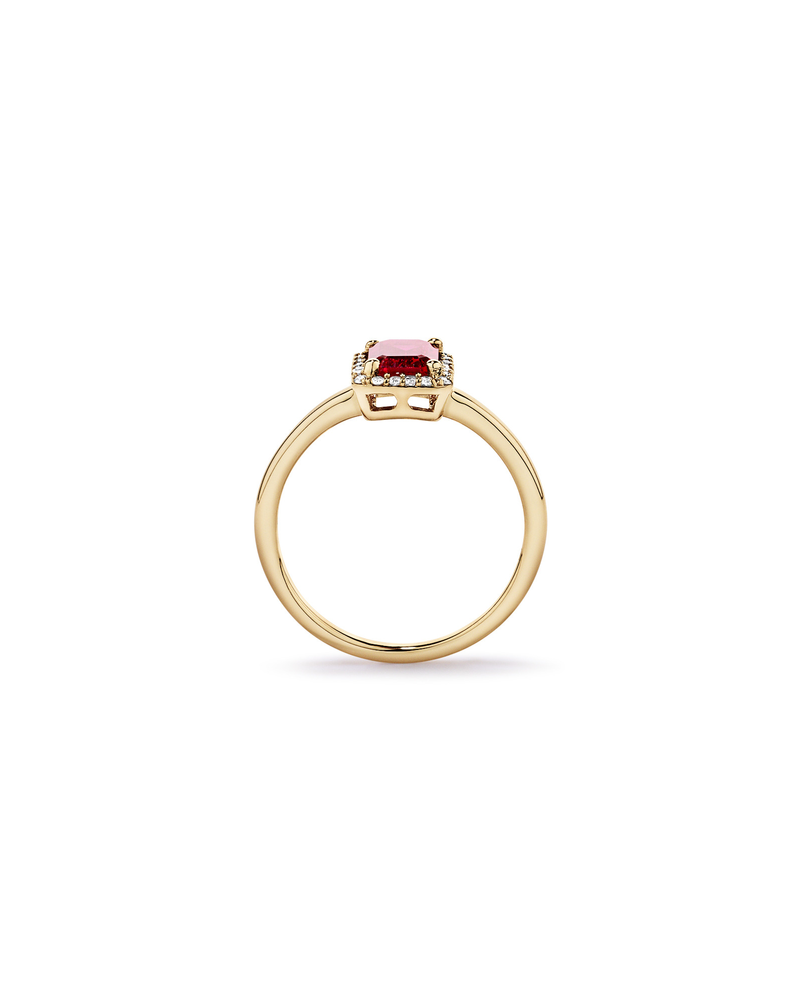 Emerald Cut Created Ruby and Diamond Halo Ring 10kt Yellow Gold