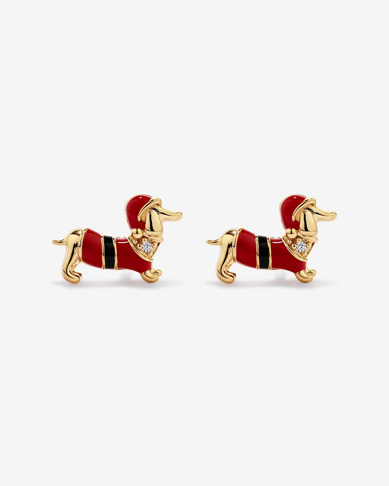 Dachshund Christmas Stud Earrings with Cubic Zirconia in 18kt Yellow Gold Vermeil