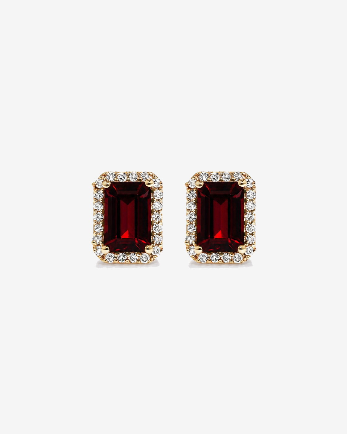 Emerald Cut Garnet and Diamond Halo Earrings in 10kt Yellow Gold