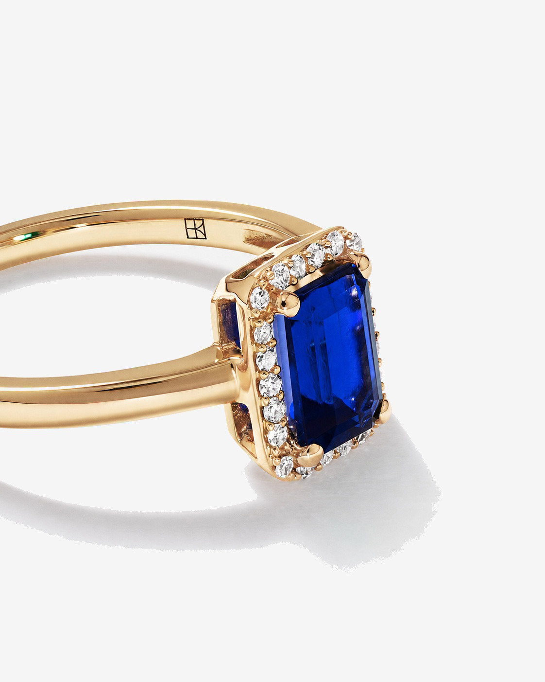 Emerald Cut Created Sapphire and Diamond Halo Ring 10kt Yellow Gold