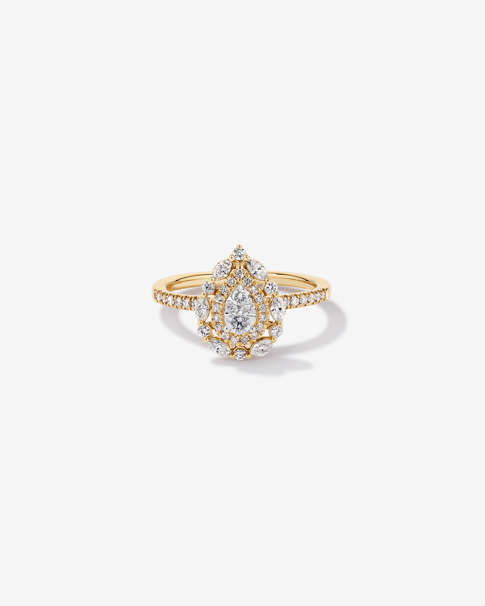 0.62 Carat TW Round Brilliant and Marquise Double Halo Cluster Diamond Ring 14kt Yellow Gold with Rhodium