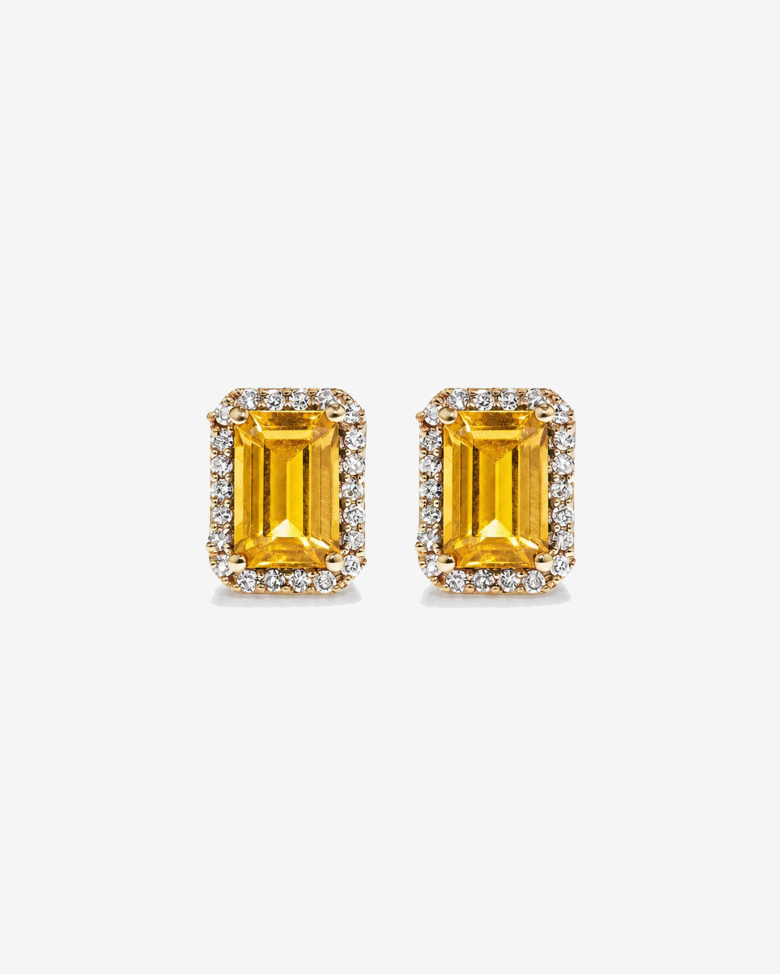 Emerald Cut Citrine and Diamond Halo Earrings in 10kt Yellow Gold