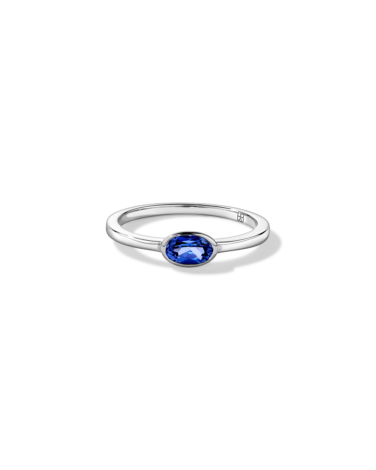 Oval Blue Created Sapphire East-to-West Set Bezel Ring 10kt Gold
