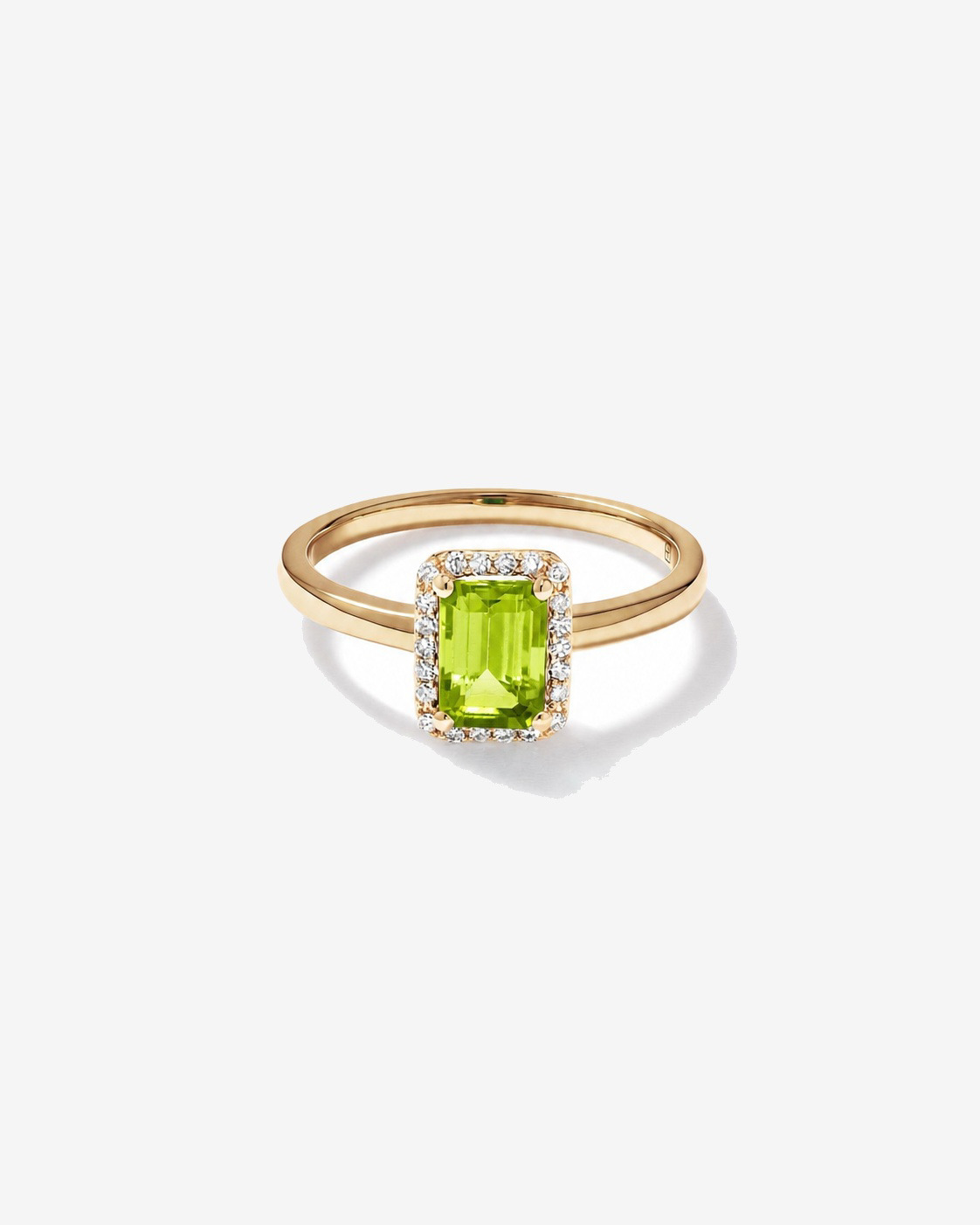 Emerald Cut Peridot and Diamond Halo Ring 10kt Yellow Gold
