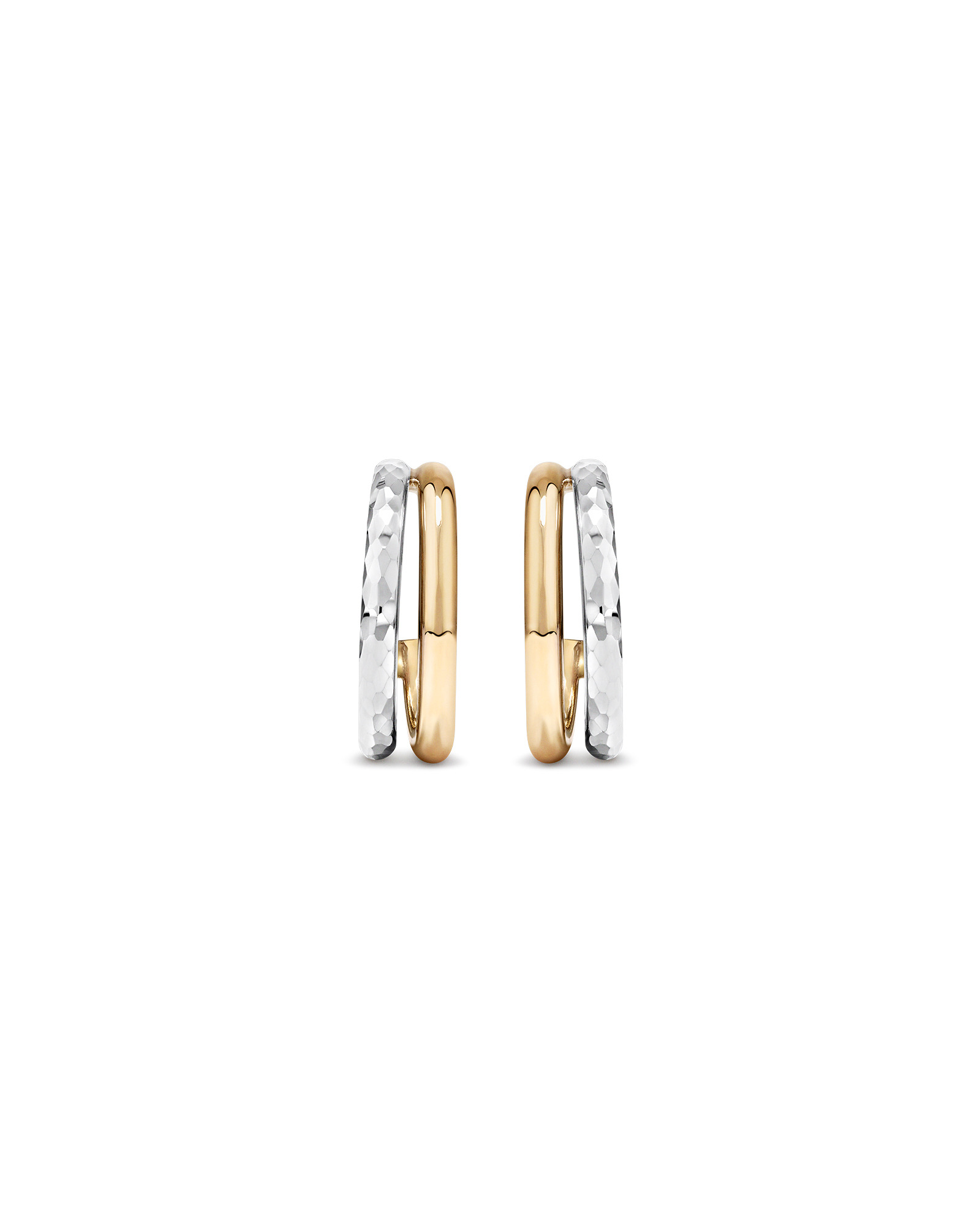 Two-Tone Double Half Hoop Hammered Finish Stud Earrings in 10kt White and Yellow Gold