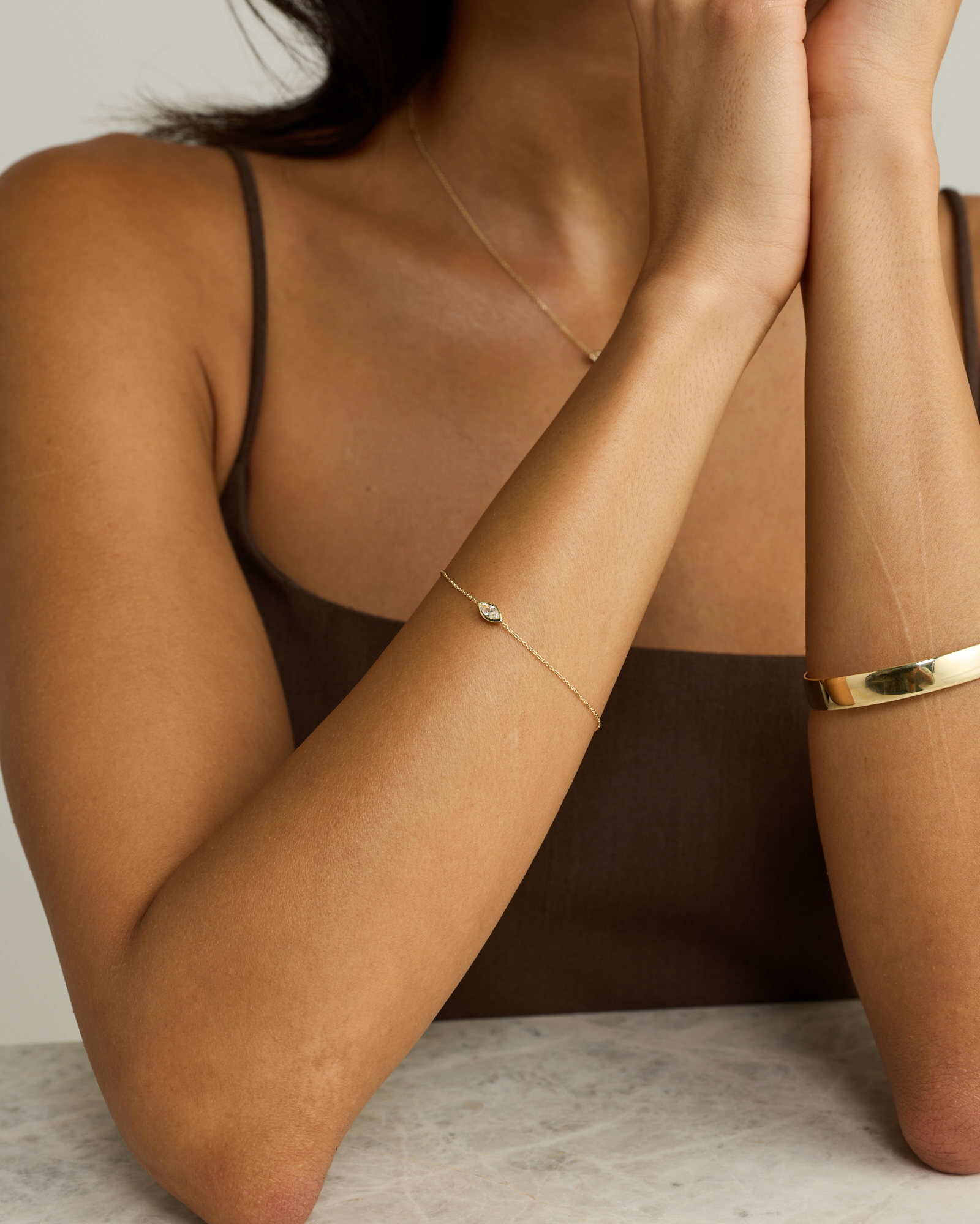 Marquise Cut White Created Sapphire Bezel Bracelet in 10kt Gold